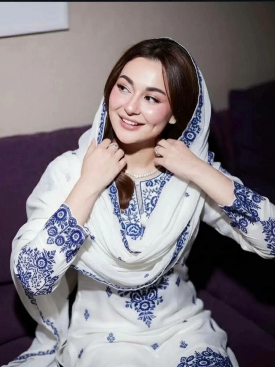Hania amir Rayon Cotton Embroidered Kurti with Farshi Pant & GMY Silk Dupatta Set